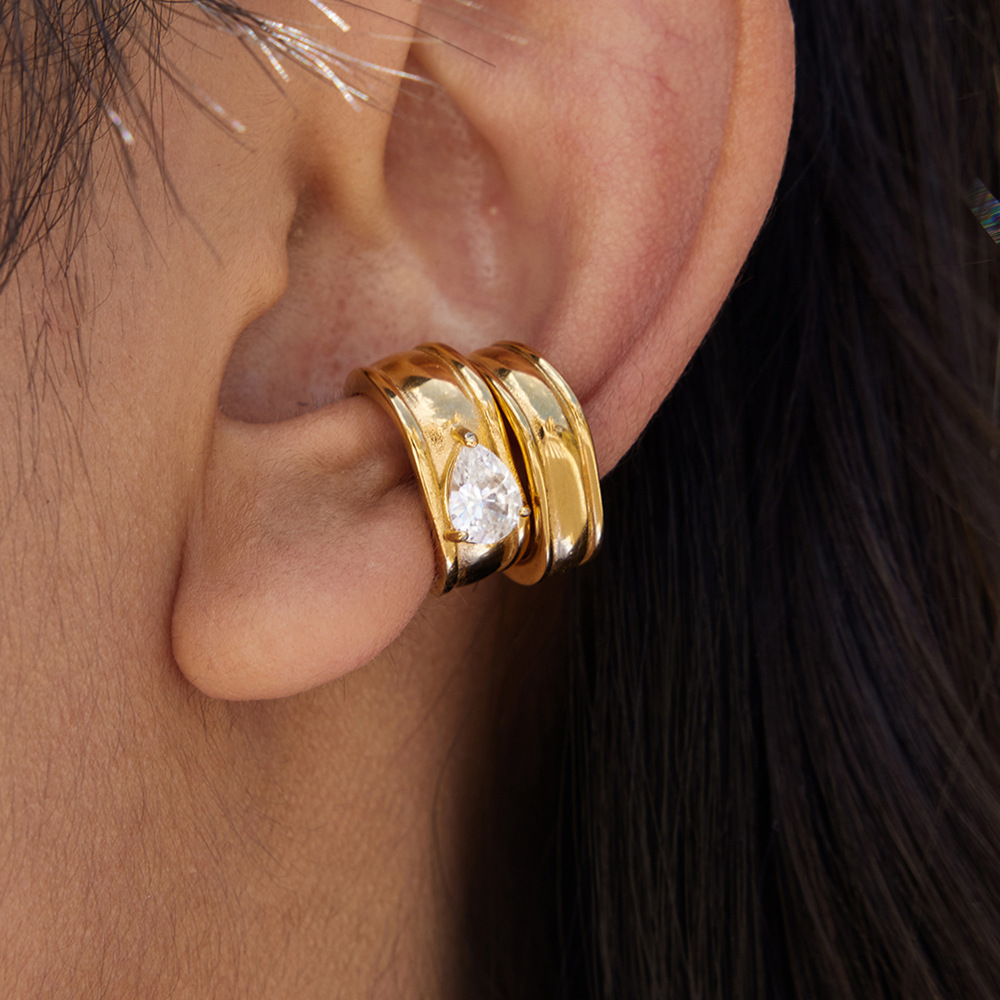 1 Paire De Manchettes D'Oreilles Minimalistes En Forme De Goutte, En Acier Inoxydable Étanche, Couleur Or, Ornées De Zircon. Image3