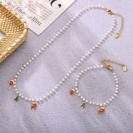 Ensembles de bijoux de Noël luxueux pour femmes, en acier inoxydable étanche, couleur or, avec perles artificielles.