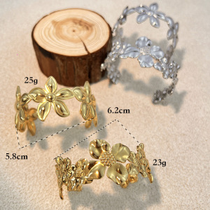 Bracelet Manchette Classique À Motif Floral En Acier Inoxydable Étanche Couleur Or (1 Pièce) h5 Image3