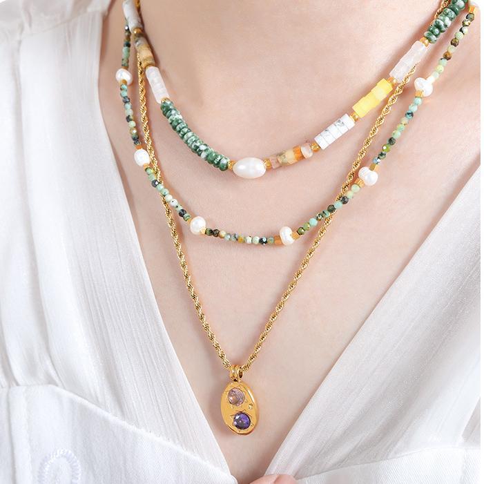 Collier De Perles Pour Femme, 1 Pièce, En Acier Inoxydable Imperméable, Couleur Or, Avec Pierres Naturelles h5Image4