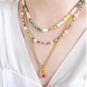 Collier De Perles Pour Femme, 1 Pièce, En Acier Inoxydable Imperméable, Couleur Or, Avec Pierres Naturelles h5 Image4