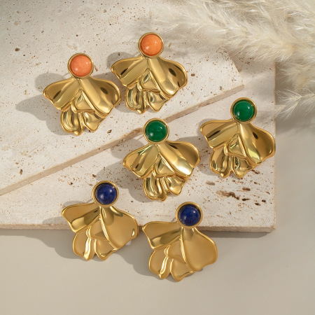 Boucles d'oreilles puces pour femme, en acier inoxydable doré, imperméables, de forme irrégulière et serties de pierres naturelles (1 paire).