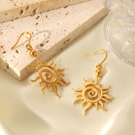Boucles d'oreilles pendantes minimalistes en acier inoxydable doré, imperméables, motif soleil, pour femme (1 paire).