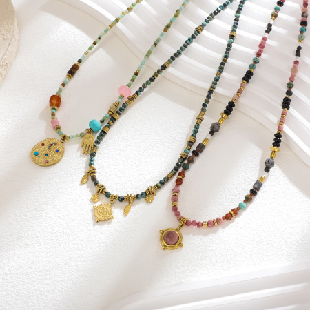Collier de perles pour femme, 1 pièce, en acier inoxydable, couleur or, avec perles de pierre naturelle colorée 2