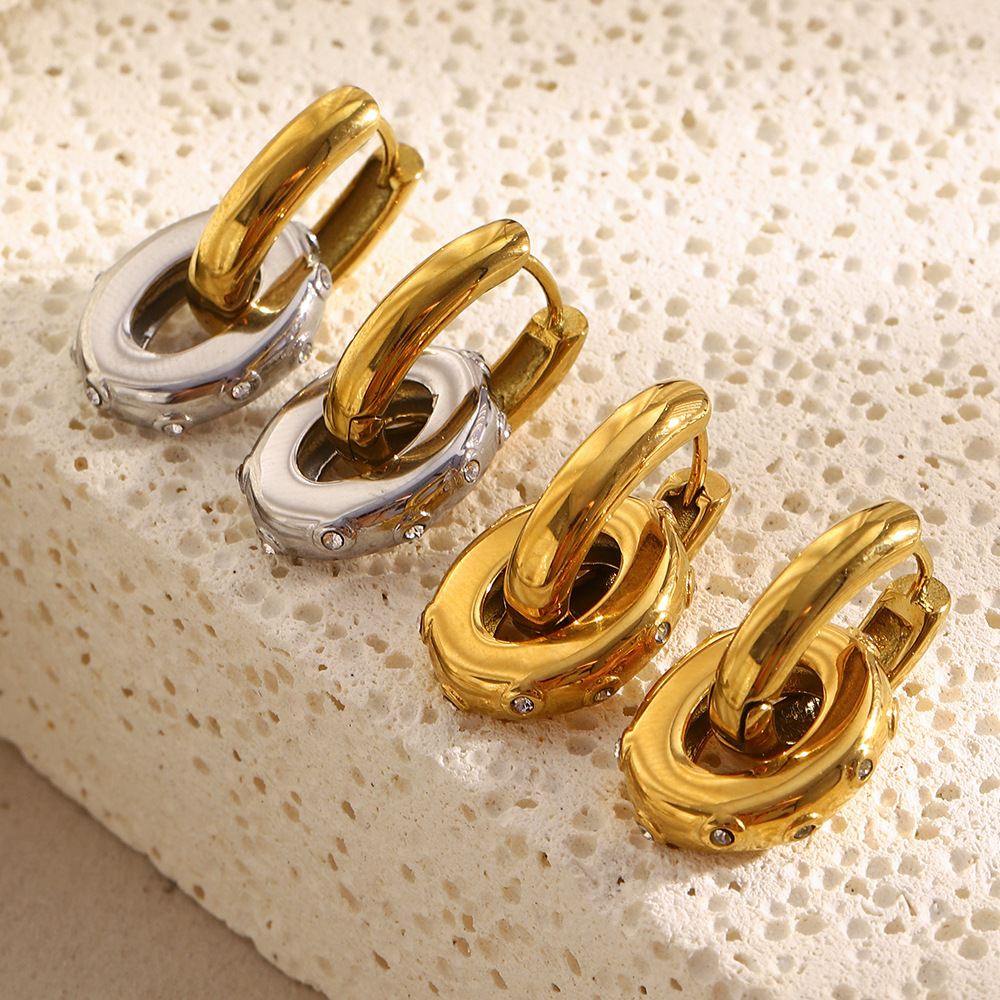 1 Paire De Boucles D'Oreilles Pendantes Daily Circle Pour Femme, En Acier Inoxydable Étanche, Couleur Or, Avec Zircon. Image5