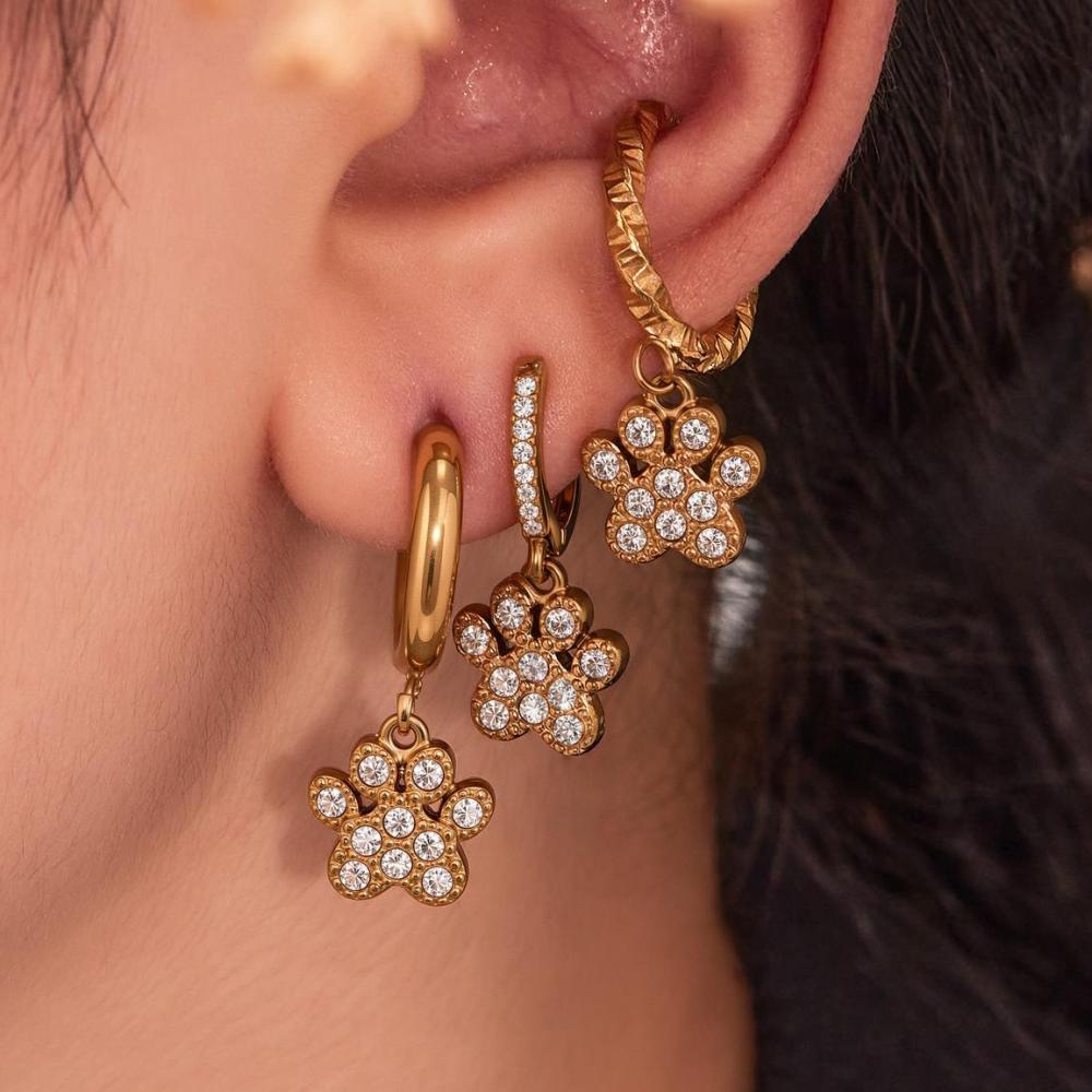 Boucles D'Oreilles Pendantes Pour Femme, En Acier Inoxydable Doré, Ornées De Zircon, Motif Patte De Chien Romantique (1 Paire). Image5