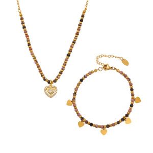 Ensembles De Bijoux Pour Femmes En Acier Inoxydable Doré, Imperméables, En Forme De Cœur Vintage Et Ornés De Pierres Naturelles h5 Image7