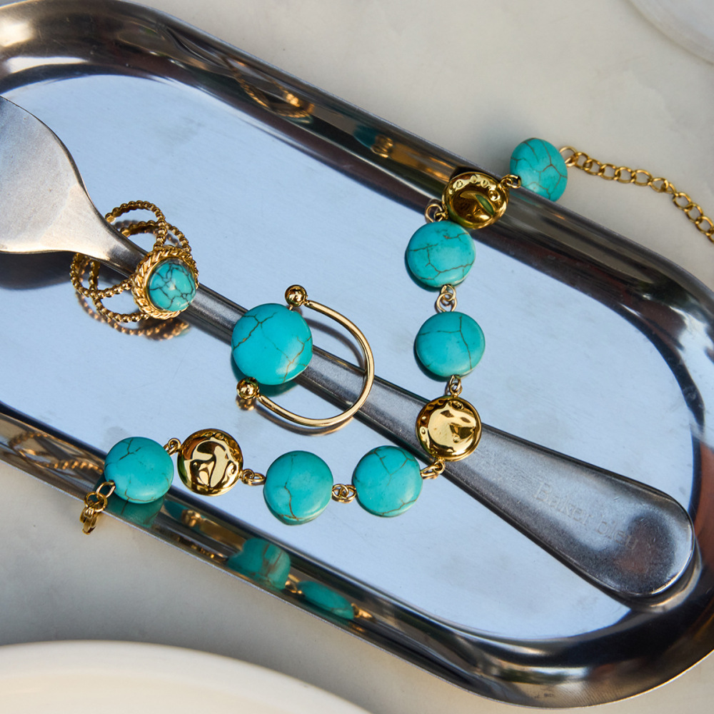 Ensembles De Bijoux Pour Femmes En Perles De Calaïte Annulaires, Acier Inoxydable, Couleur Or, Étanches h5Image6