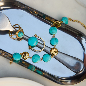 Ensembles De Bijoux Pour Femmes En Perles De Calaïte Annulaires, Acier Inoxydable, Couleur Or, Étanches h5 Image6