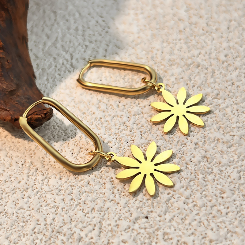1 Paire De Boucles D'Oreilles Pendantes En Acier Inoxydable Doré, Imperméables, À Motif Floral Image3