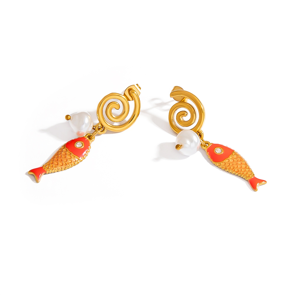 1 Paire De Boucles D'Oreilles Pendantes Pour Femme, En Acier Inoxydable Imperméable, Motif Poisson Et Gouttes D'Huile Colorées. 