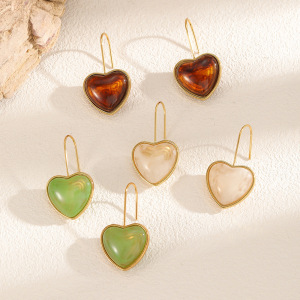 1 Paire De Boucles D'Oreilles Pendantes Rétro En Forme De Cœur, En Acier Inoxydable, Imperméables Et En Acrylique Doré Pour Femme. h5 Image3