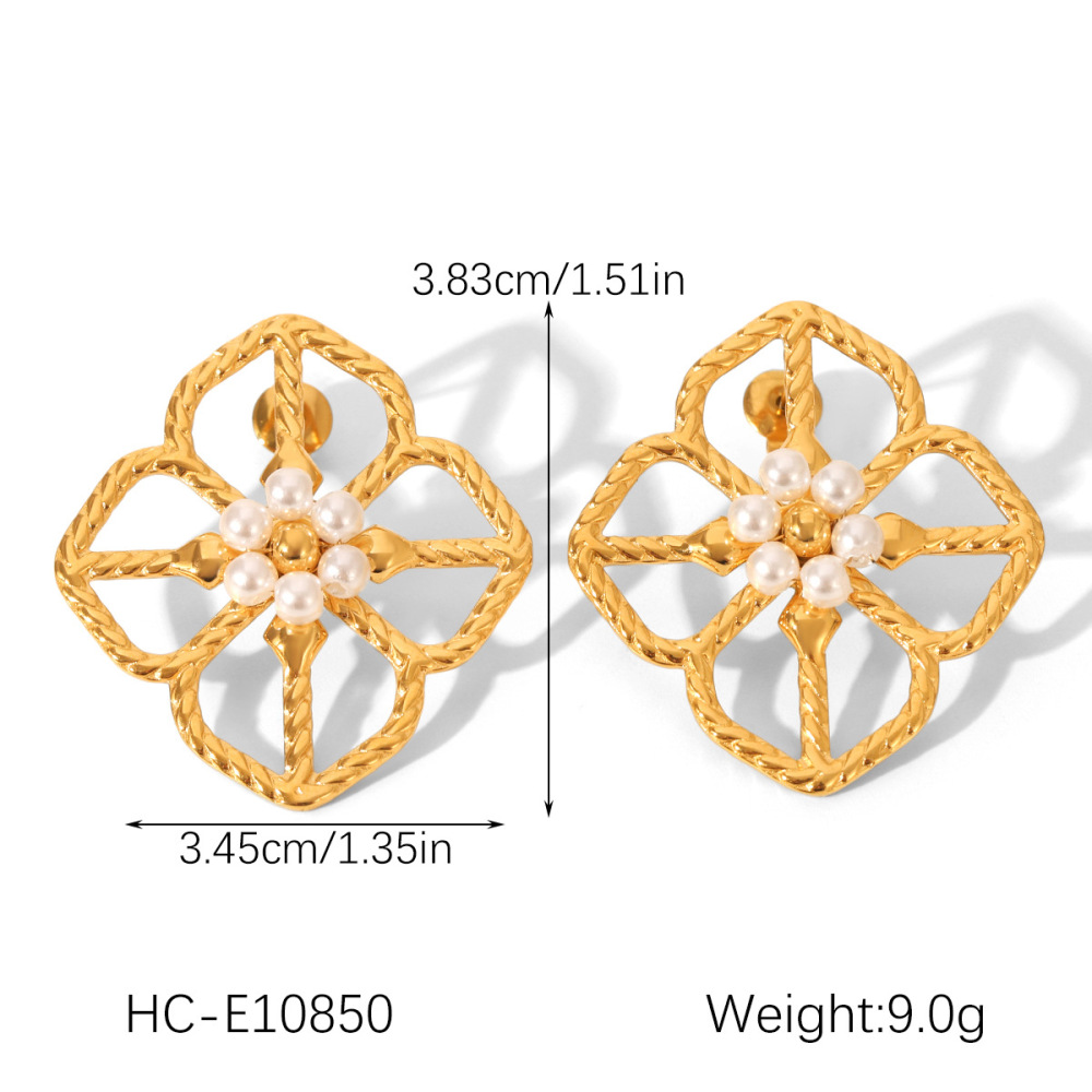 Boucles D'Oreilles Puces Pour Femme, En Acier Inoxydable Doré, Imperméables, Avec Perles Et Motif Floral (1 Paire). h5Image2