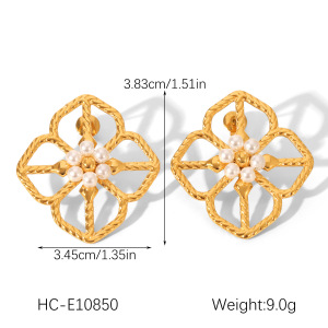 Boucles D'Oreilles Puces Pour Femme, En Acier Inoxydable Doré, Imperméables, Avec Perles Et Motif Floral (1 Paire). h5 Image2