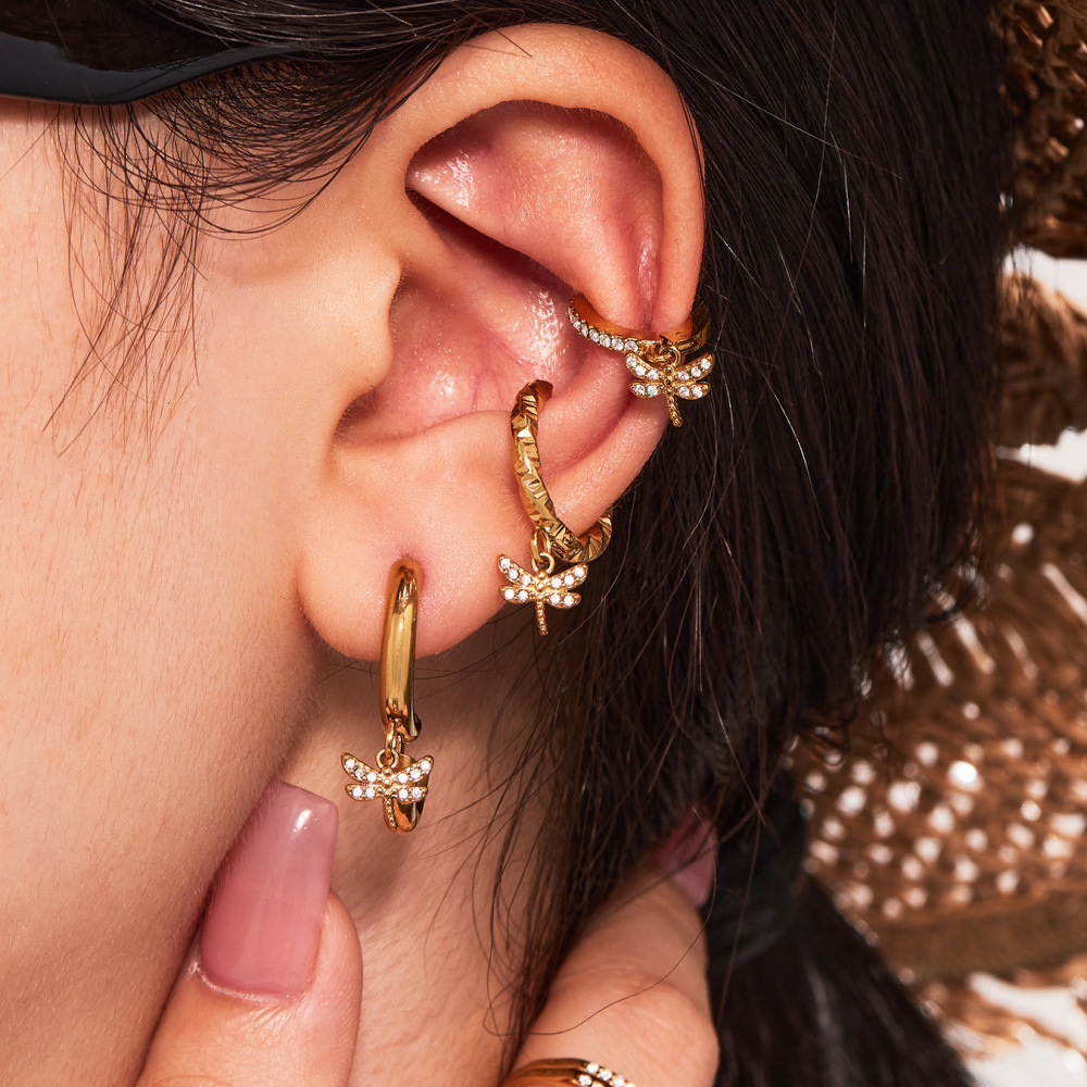 1 Paire De Boucles D'Oreilles Pendantes Pour Femme, En Acier Inoxydable Doré, Ornées De Zircon Et Représentant Une Libellule. Elles Sont Imperméables. Image4