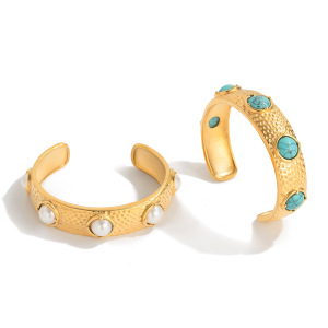 Bracelet Manchette Rétro Rond En Acier Inoxydable Étanche Couleur Or Avec Pierre Naturelle (1 Pièce) h5 Image6
