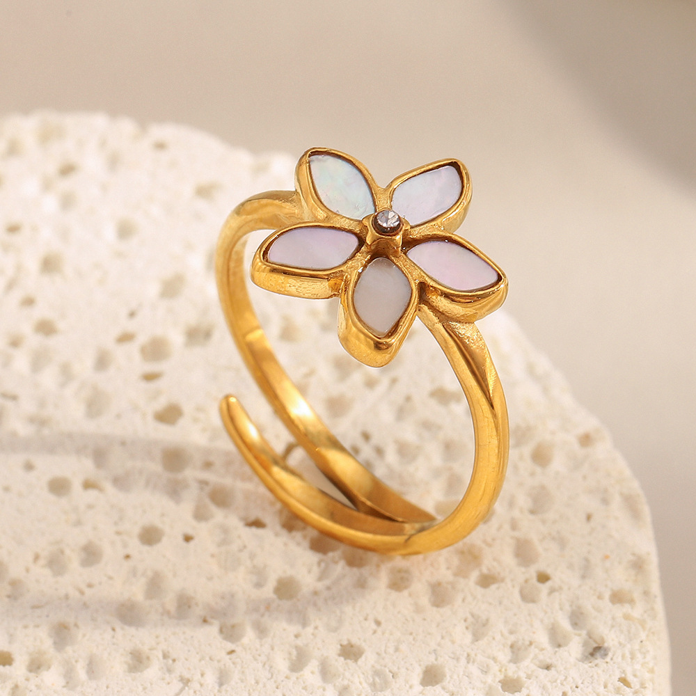 Bague Tendance En Acier Inoxydable Doré, Couleur Coquillage, Avec Motif Floral Chic (1 Pièce). Image3
