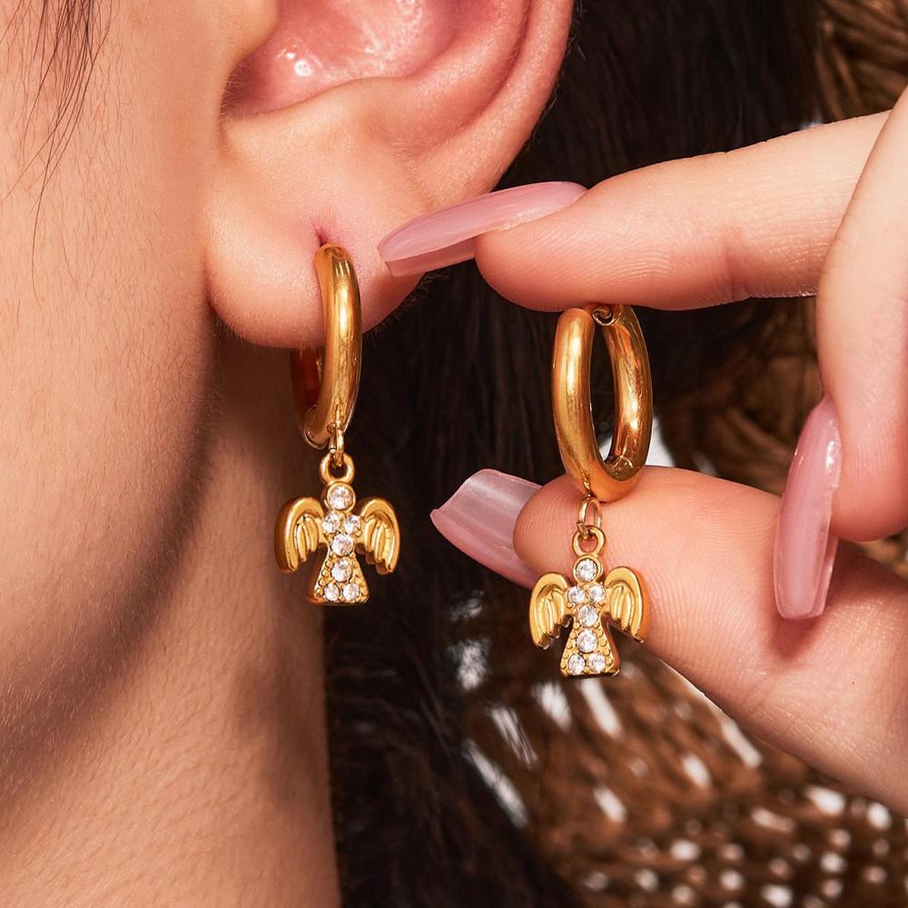1 Paire De Boucles D'Oreilles Pendantes Classiques En Acier Inoxydable, Étanches, Couleur Or, Avec Zircon. Image5