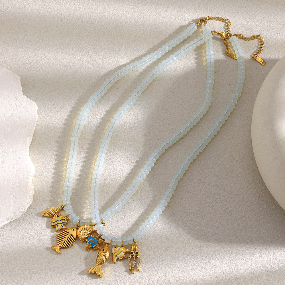 Collier Élégant Pour Femme, En Acier Inoxydable, Imperméable, Avec Perles Et Motif Poisson (1 Pièce) Image2