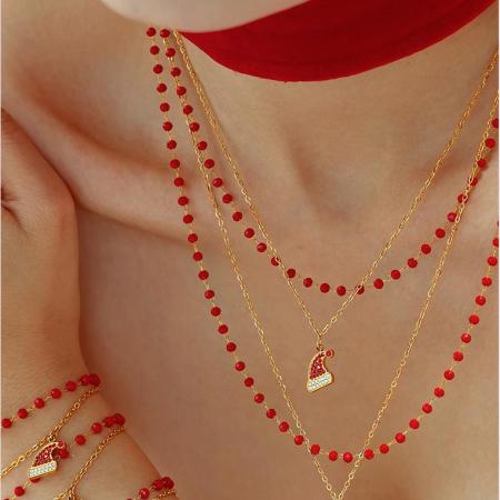 Ensembles de bijoux pour femmes en acier inoxydable imperméable avec chapeau de Père Noël et zircon doré