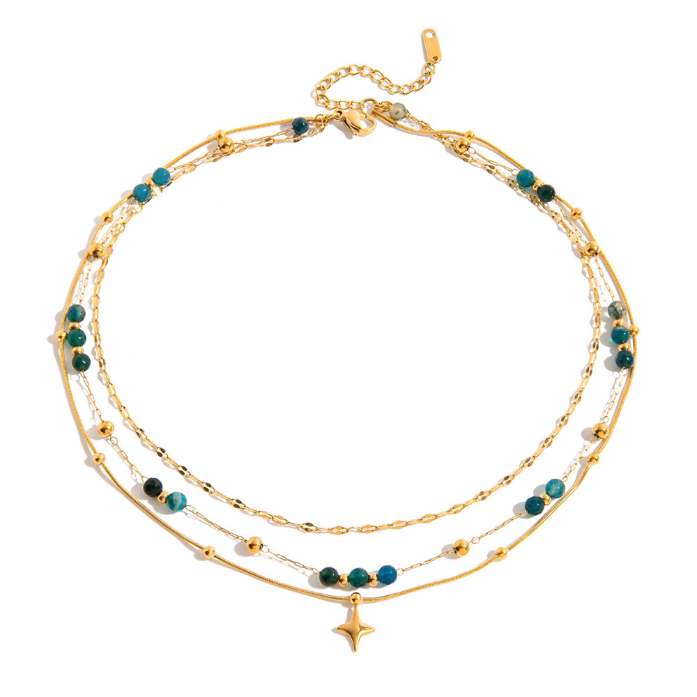 Collier À Plusieurs Rangs Pour Femme, Orné De Perles Rétro En Forme D'Étoile, En Acier Inoxydable Étanche Couleur Or (1 Pièce) 