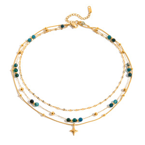 Collier À Plusieurs Rangs Pour Femme, Orné De Perles Rétro En Forme D'Étoile, En Acier Inoxydable Étanche Couleur Or (1 Pièce) h5 