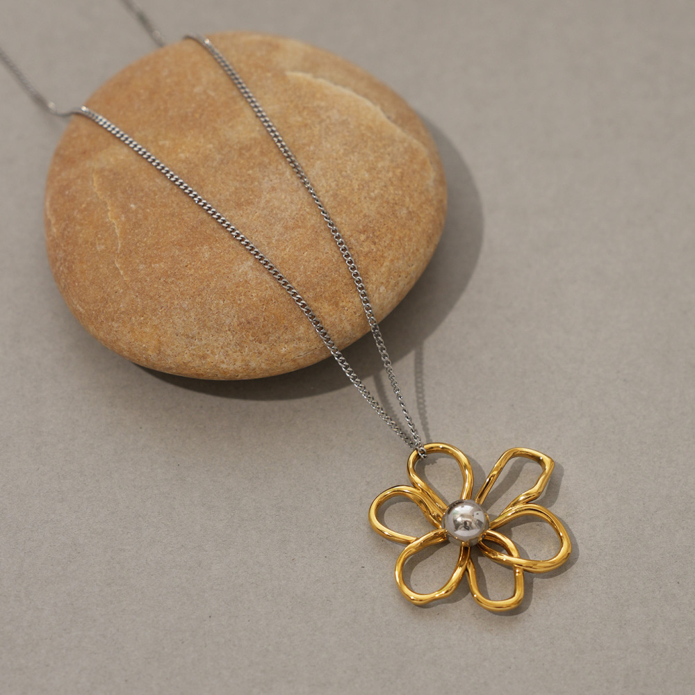 Collier Pendentif Femme/Homme En Acier Inoxydable, Couleur Or, Avec Fleur Naturelle Simple (1 Pièce) Image4