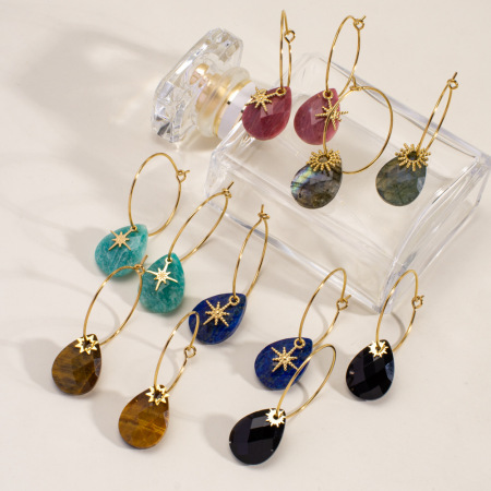 Boucles d'oreilles pendantes pour femme, en acier inoxydable imperméable, forme simple et irrégulière, serties de pierres naturelles (1 paire).