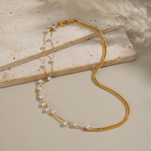 Collier À Plusieurs Rangs De Perles, En Acier Inoxydable Étanche Couleur Or h5 Image3