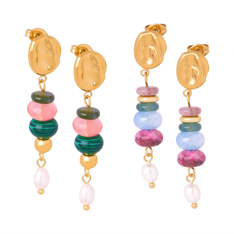Boucles D'Oreilles Pendantes Pour Femme, En Acier Inoxydable Doré, Avec Perles De Pierre Naturelle Personnalisables (1 Paire). Image6