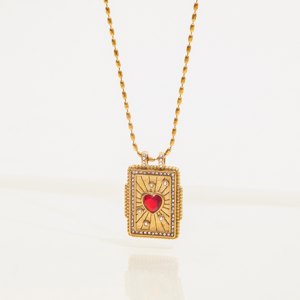 Collier Pendentif Femme Classique En Forme De Cœur, Motif Tarot, En Acier Inoxydable Étanche Couleur Or (1 Pièce) Image6