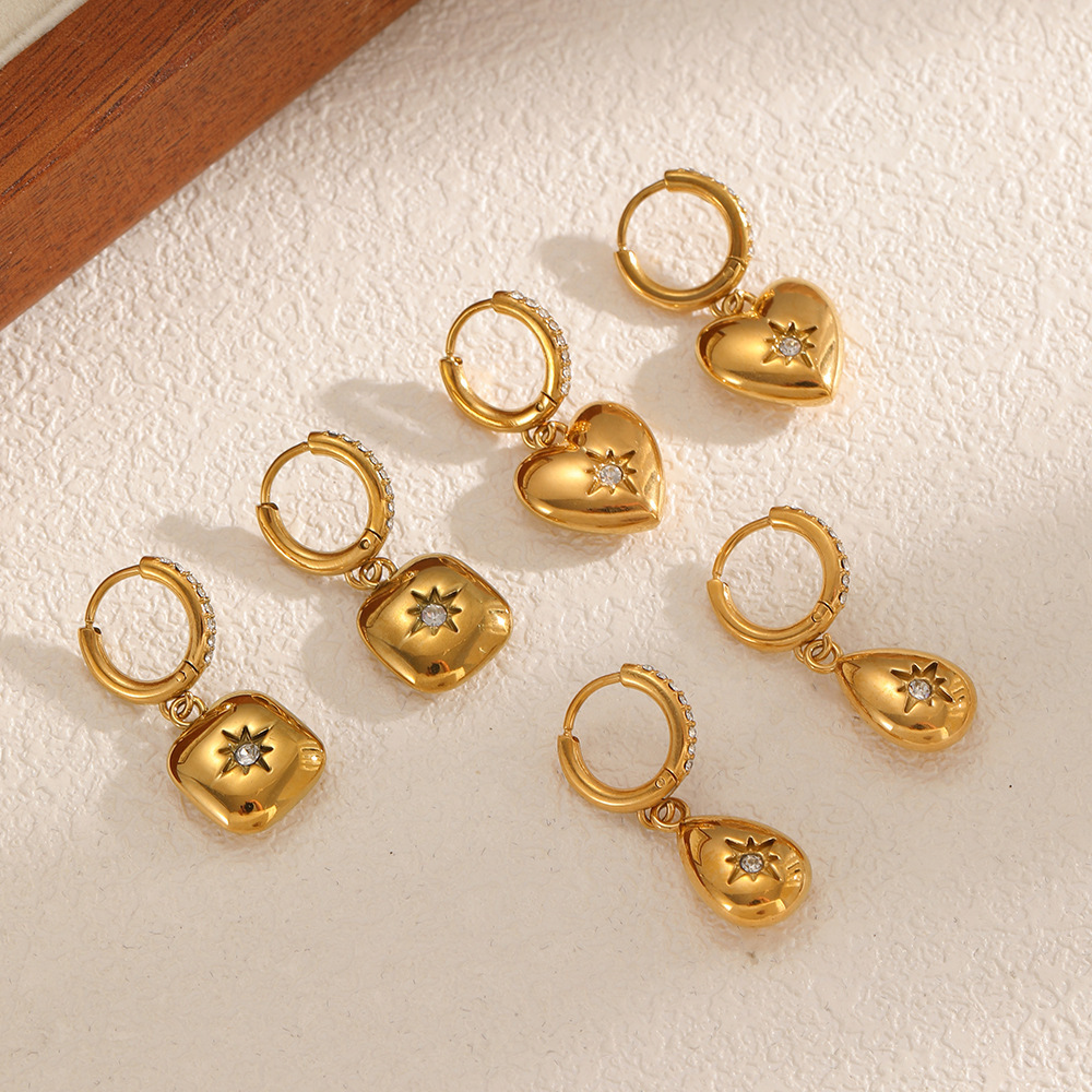 Boucles D'Oreilles Pendantes Pour Femme « Lune Brillante » En Acier Inoxydable, Étanches, Couleur Or, Avec Zircon (1 Paire). Image2
