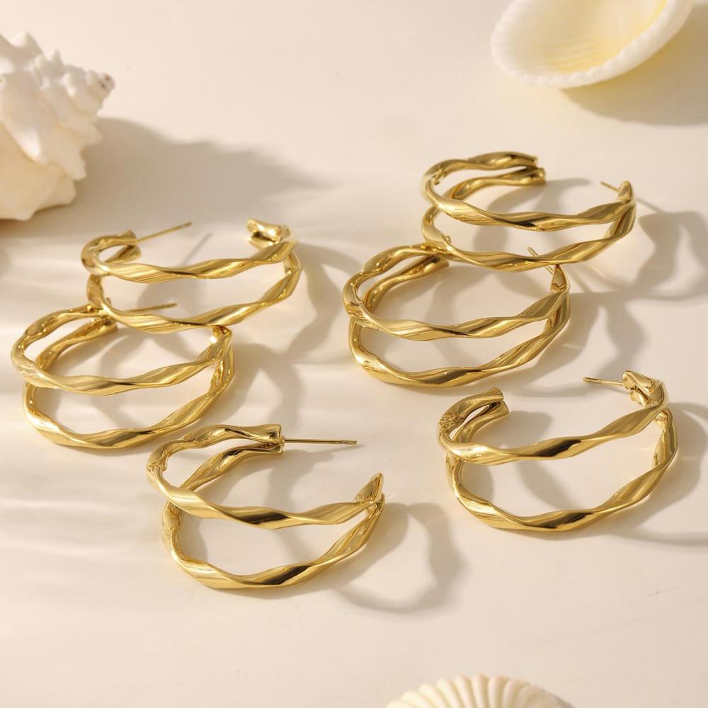 1 Paire De Boucles D'Oreilles Créoles Double Cercle En Acier Inoxydable Étanche Couleur Or Pour Femme h5Image6