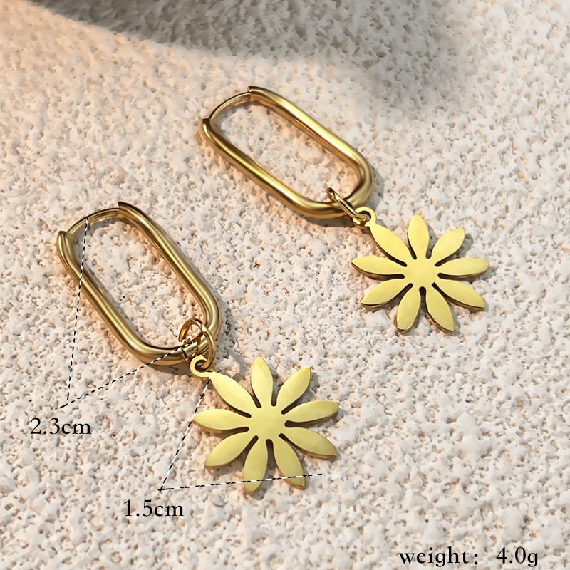 1 Paire De Boucles D'Oreilles Pendantes En Acier Inoxydable Doré, Imperméables, À Motif Floral