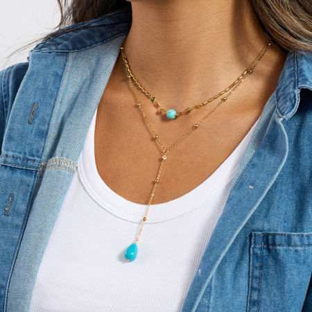Collier superposé classique en acier inoxydable doré, orné d'une goutte de calaïte (1 pièce)