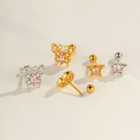 1 boucle d'oreille piercing en forme de cœur et de papillon en cuivre et zircon couleur or 2