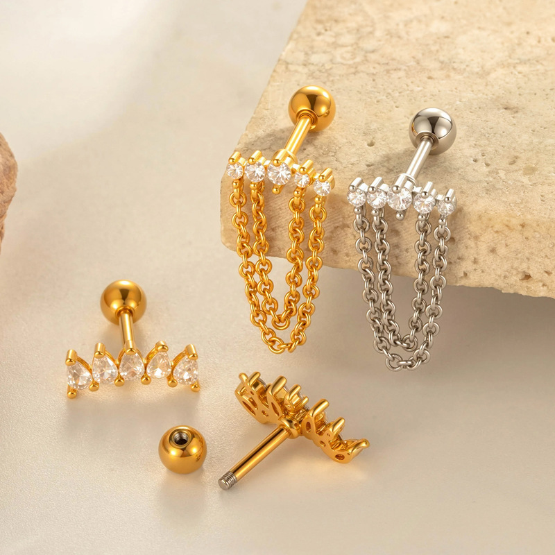 Boucle D'Oreille Piercing Fleur Cuivre Or Zircon 1 Pièce Image3