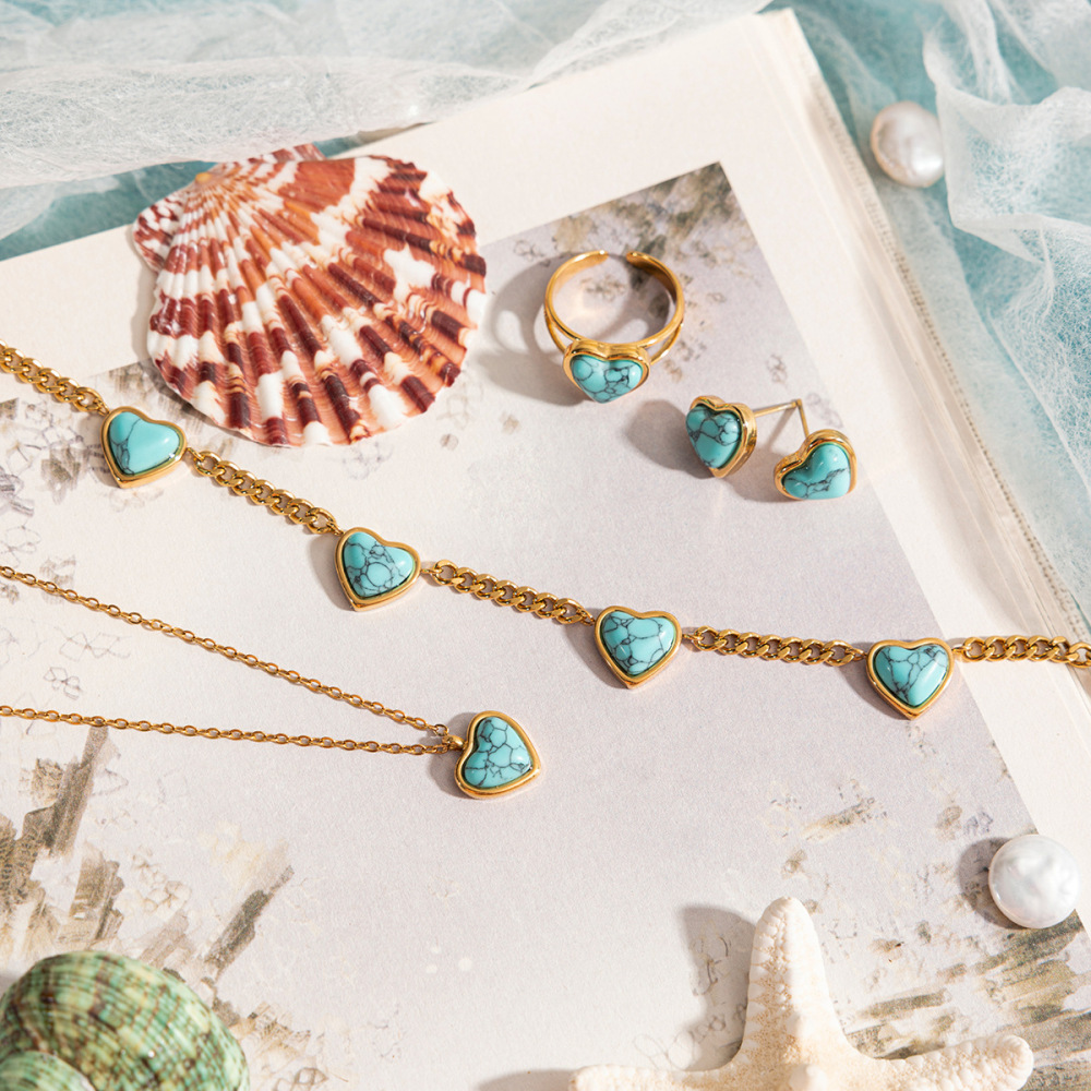 Ensembles De Bijoux Pour Femmes En Acier Inoxydable Imperméables, Motif Cœur Classique En Calaïte Image6