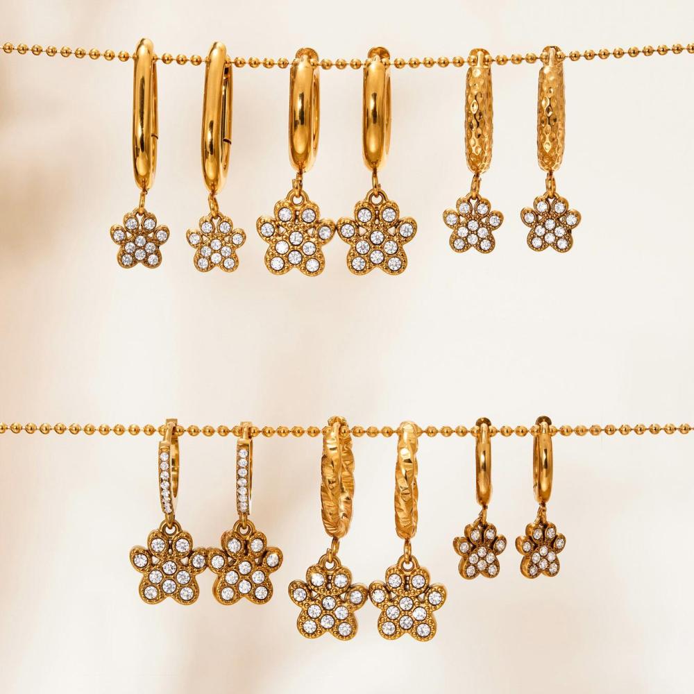 Boucles D'Oreilles Pendantes Pour Femme, En Acier Inoxydable Doré, Ornées De Zircon, Motif Patte De Chien Romantique (1 Paire). Image3
