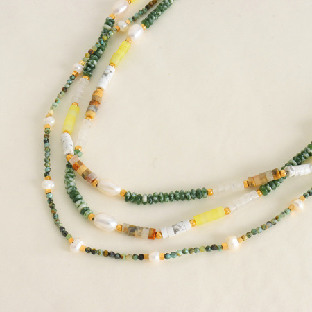 Collier de perles pour femme, 1 pièce, en acier inoxydable imperméable, couleur or, avec pierres naturelles