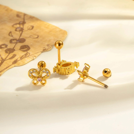 Boucle d'oreille piercing en forme de cœur, nœud papillon, cuivre, couleur or et zircone 2