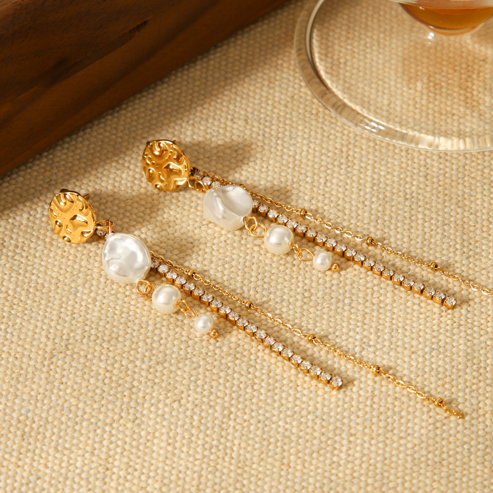 Boucles D'Oreilles Simples À Pompons Pour Femmes, En Acier Inoxydable Imperméable, Couleur Or, Avec Perles (1 Paire). h5Image7