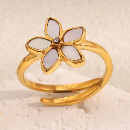 Bague tendance en acier inoxydable doré, couleur coquillage, avec motif floral chic (1 pièce).