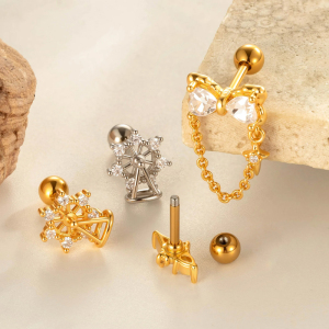 Boucle D'Oreille Piercing En Forme De Nœud Papillon En Cuivre Doré Et Zircon h5 Image3
