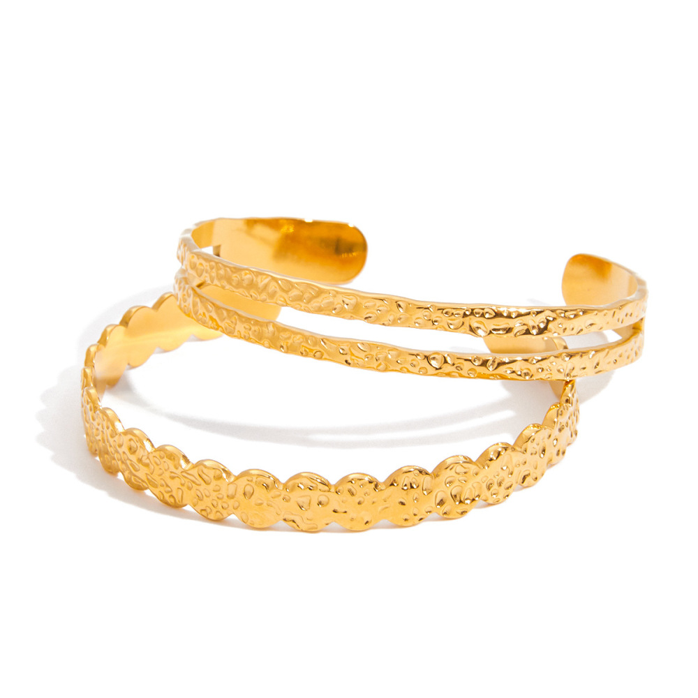 Bracelet Manchette Pour Femme, 1 Pièce, En Acier Inoxydable Martelé, Étanche, Couleur Or Image9