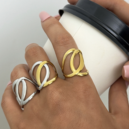 Bague tendance en acier inoxydable doré, forme simple à cercles superposés, étanche.