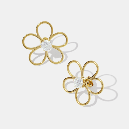 Boucles d'oreilles puces en acier inoxydable imperméable couleur or, motif floral simple, zircon. 2