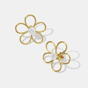 Boucles D'Oreilles Puces En Acier Inoxydable Imperméable Couleur Or, Motif Floral Simple, Zircon. h5 Image2