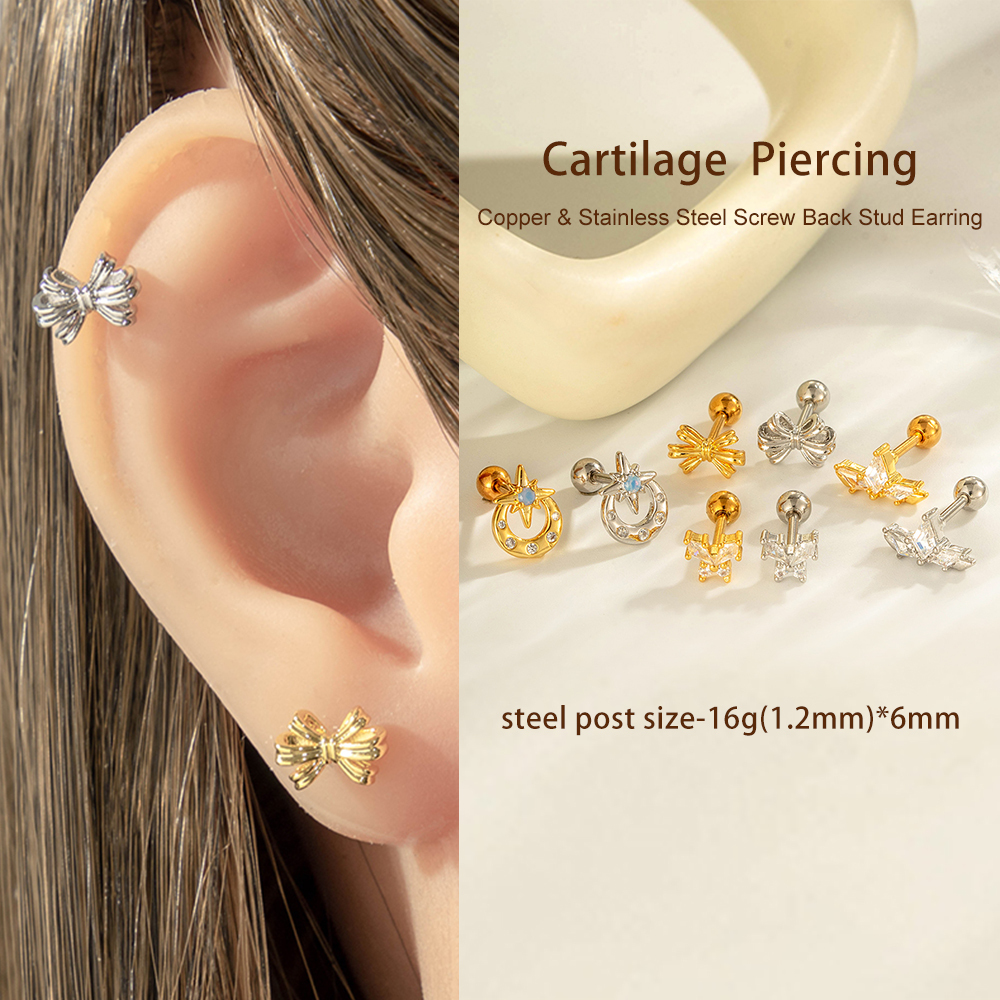 Boucle D'Oreille Piercing En Forme De Nœud Papillon En Cuivre Doré Et Zircon Image4