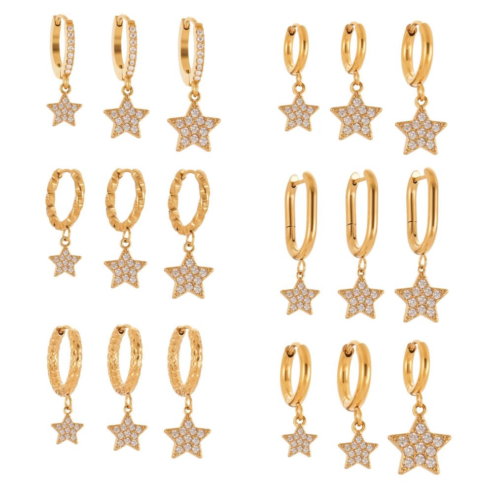1 Paire De Boucles D'Oreilles Pendantes Luxueuses En Forme D'Étoile, En Acier Inoxydable Étanche, Couleur Or, Ornées De Zircon. Image6